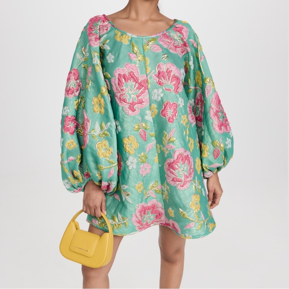 Arianne Aqua Floral Long Sleeve Tunic Dress with Pink and Yellow Blooms